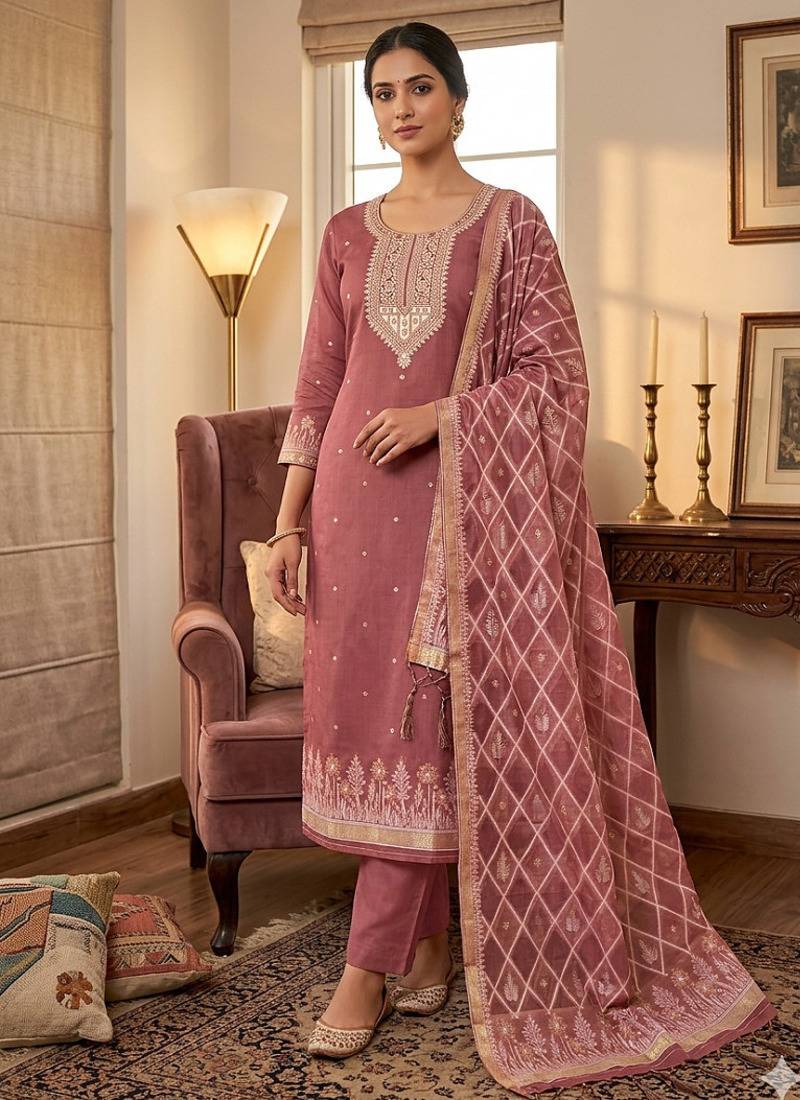 Traditional muga cotton suit set with intricate jamdani work