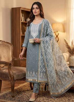 Traditional muga cotton suit set with intricate jamdani work 1
