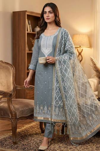 Traditional muga cotton suit set with intricate jamdani work