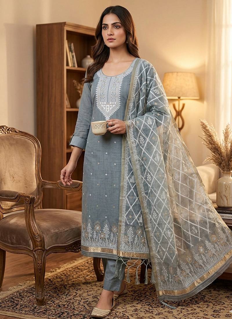 Traditional muga cotton suit set with intricate jamdani work