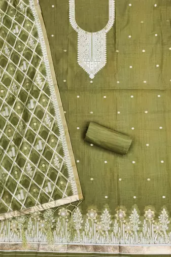 Traditional muga cotton suit set with intricate jamdani work