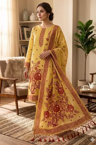 Premium floral printed jamdani muga cotton salwar kameez material