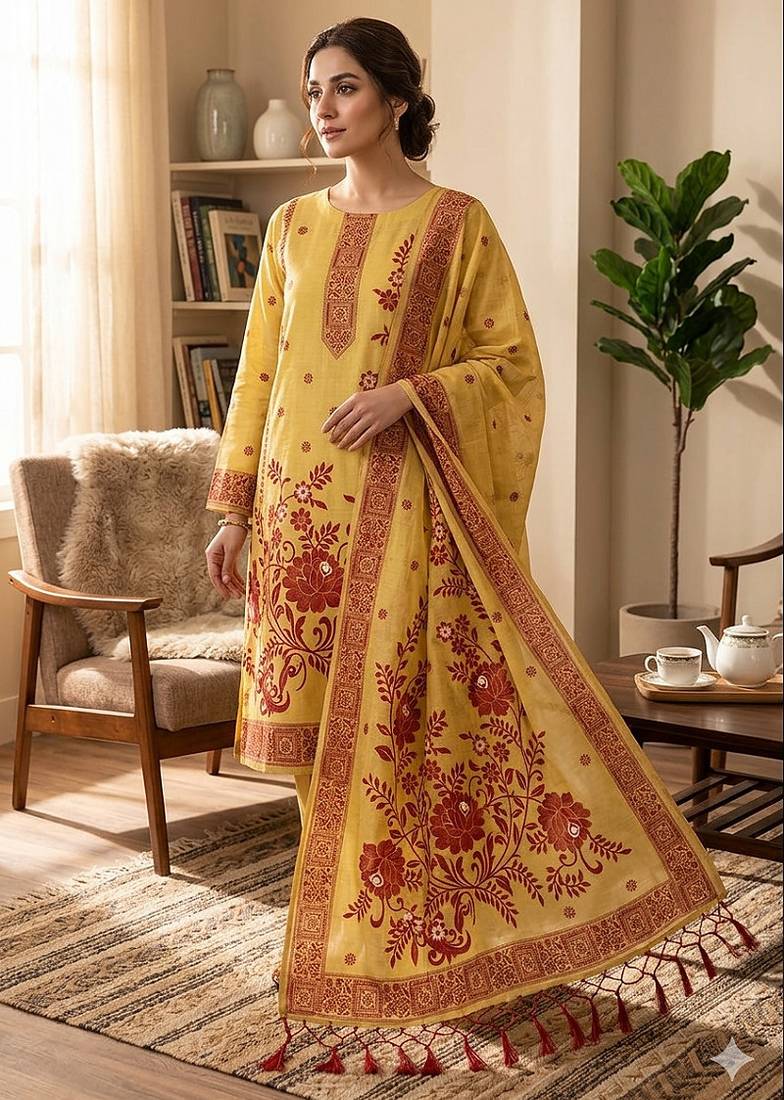 Premium floral printed jamdani muga cotton salwar kameez material