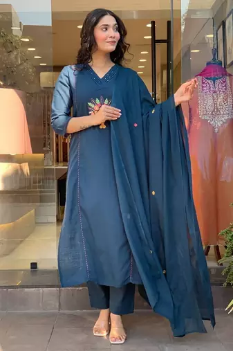 Women's Cotton Embroidered Straight Kurti With Pant And Dupatta Set 