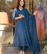 Women's Cotton Embroidered Straight Kurti With Pant And Dupatta Set 