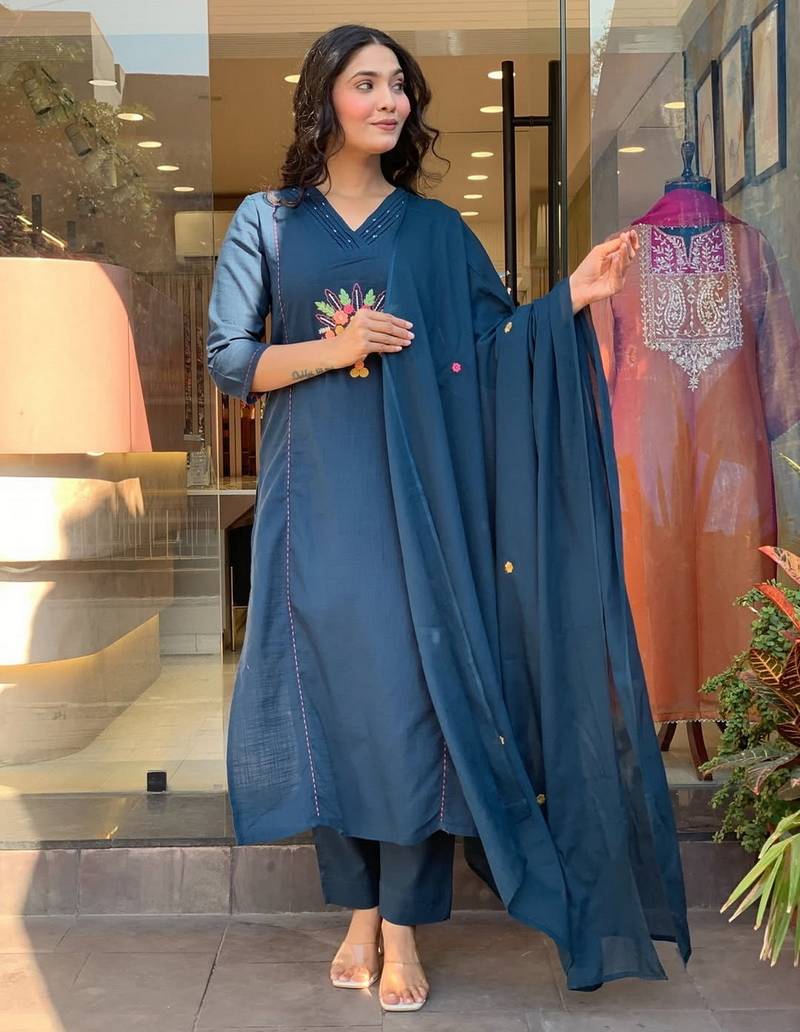 Women's Cotton Embroidered Straight Kurti With Pant And Dupatta Set 