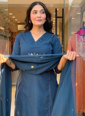 Women's Cotton Embroidered Straight Kurti With Pant And Dupatta Set  2