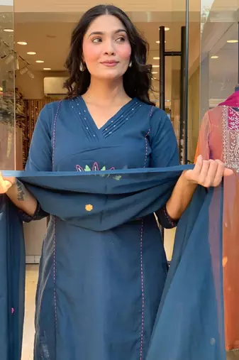 Women's Cotton Embroidered Straight Kurti With Pant And Dupatta Set 