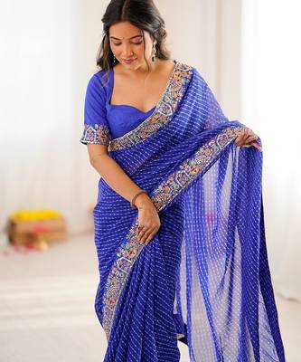 blue faux georgette saree with bandhani print border 2