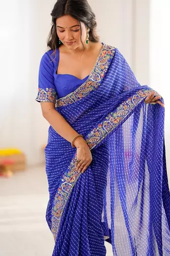 blue faux georgette saree with bandhani print border