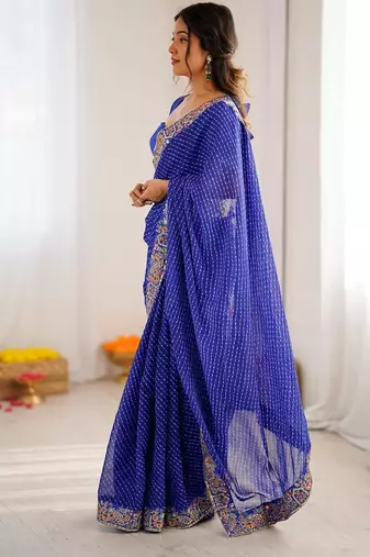 blue faux georgette saree with bandhani print border