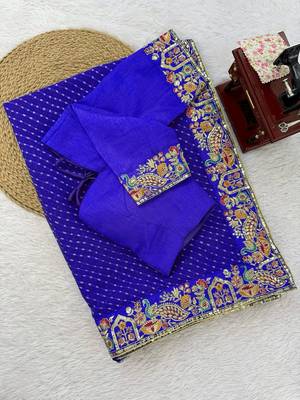 blue faux georgette saree with bandhani print border 5