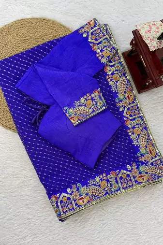 blue faux georgette saree with bandhani print border