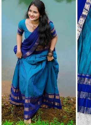 blue kanjivaram silk lehenga with zari weaving work 3