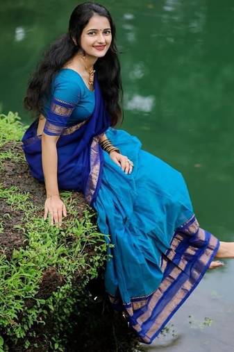 Blue Kanjivaram Silk blend With Zari Weaving Work Lehenga For traditional