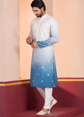 blue silk kurta pyjamas with embroidered design 2