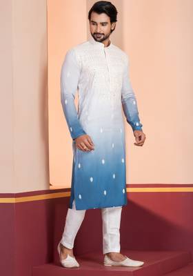 blue silk kurta pyjamas with embroidered design 3