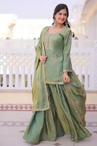 Green Fendi Crush designer readymade top-sharara-dupatta