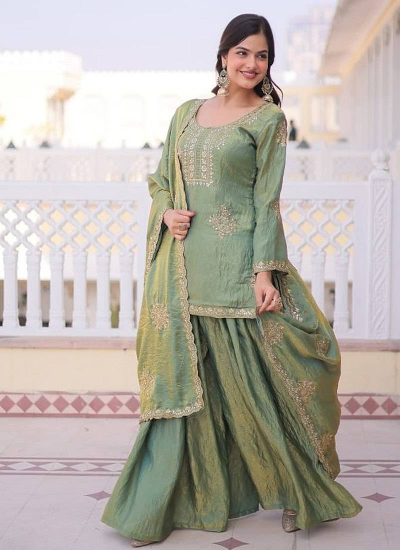 Green Fendi Crush designer readymade top-sharara-dupatta