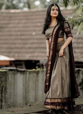 grey kanjivaram silk half saree with zari weaving work 1