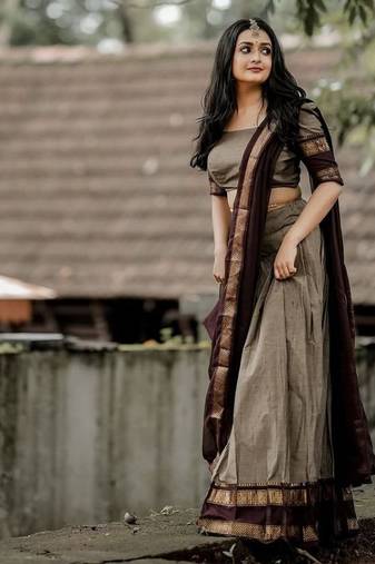 Earthy Grey Kanjivaram Silk blend Half Saree with Traditional Gold Zari Weaving Work