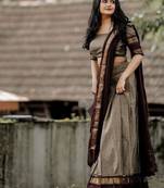 Earthy Grey Kanjivaram Silk blend Half Saree with Traditional Gold Zari Weaving Work