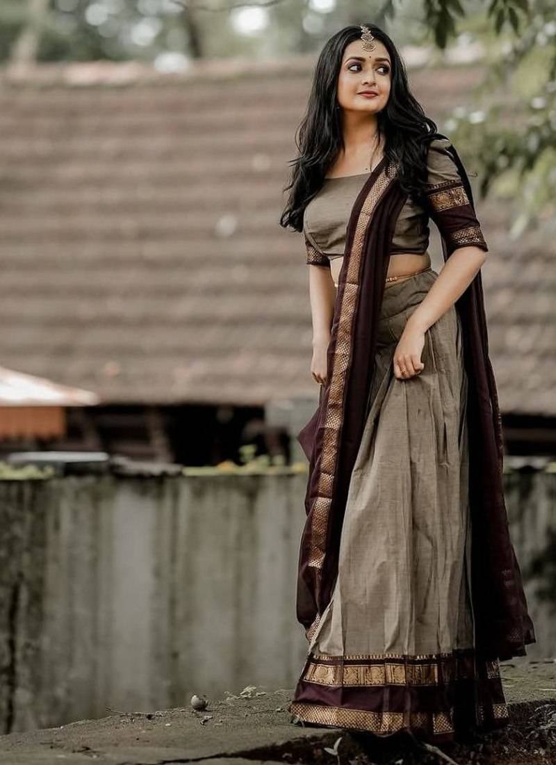 Earthy Grey Kanjivaram Silk blend Half Saree with Traditional Gold Zari Weaving Work