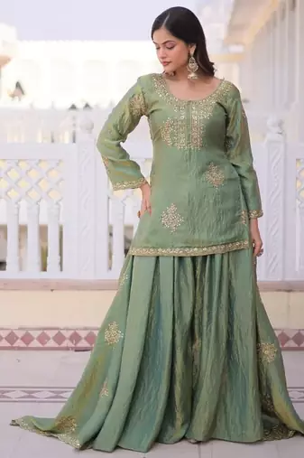green fendi crush sharara set with zari sequins work