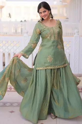 green fendi crush sharara set with zari sequins work