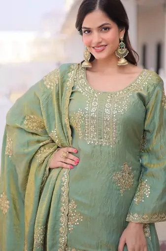 green fendi crush sharara set with zari sequins work