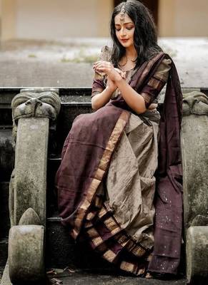 grey kanjivaram silk half saree with zari weaving work 3