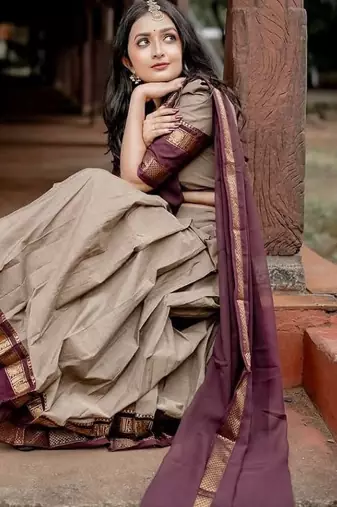 grey kanjivaram silk half saree with zari weaving work