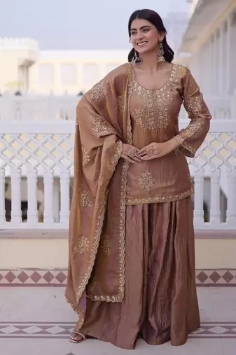 brown fendi crush sharara set with zari sequins work