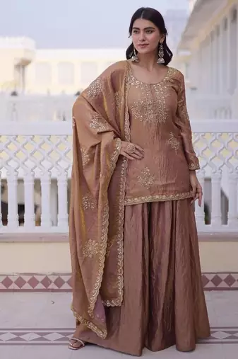 brown fendi crush sharara set with zari sequins work