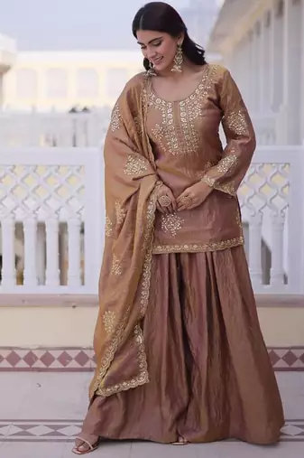 brown fendi crush sharara set with zari sequins work