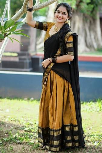 Mustard Yellow Kanjivaram Silk blend Half Saree with Rich Zari Weaving Work