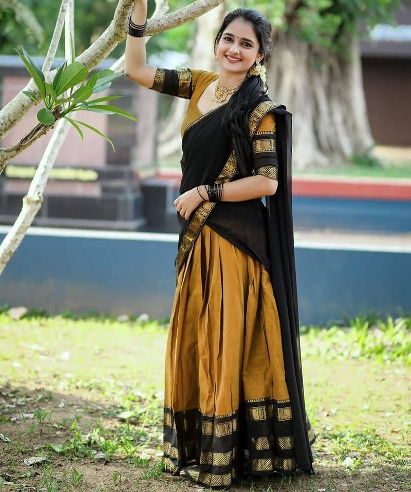 Mustard Yellow Kanjivaram Silk blend Half Saree with Rich Zari Weaving Work