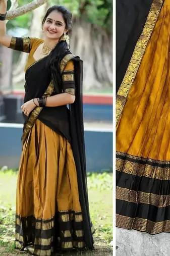 mustard kanjivaram silk half saree with zari weaving