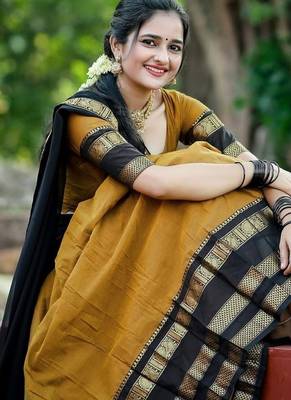mustard kanjivaram silk half saree with zari weaving 4