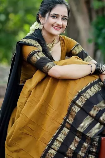 mustard kanjivaram silk half saree with zari weaving