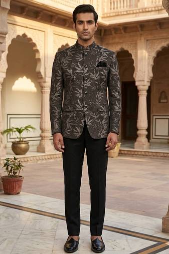 Flowral black gray jacquard jodhpuri for men | premium designer bandhgala ethnic wear