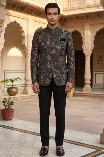 Flowral black gray jacquard jodhpuri for men | premium designer bandhgala ethnic wear