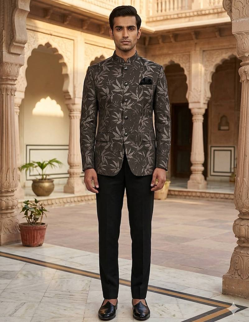 Flowral black gray jacquard jodhpuri for men | premium designer bandhgala ethnic wear