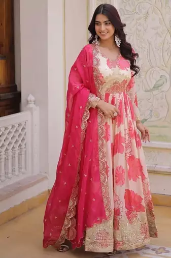 pink russian silk gown with zari sequins embroidery
