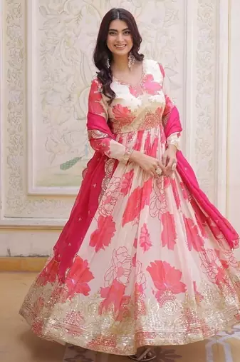 pink russian silk gown with zari sequins embroidery
