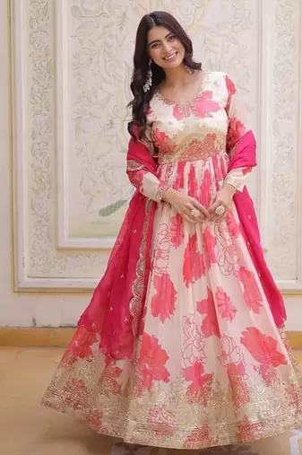 pink russian silk gown with zari sequins embroidery