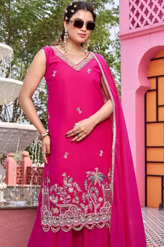 pink pure star georgette kurta set with bead embroidery