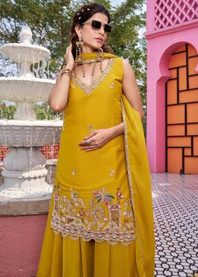 mustard pure star georgette kurta set with bead embroidery 1