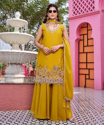mustard pure star georgette kurta set with bead embroidery 2