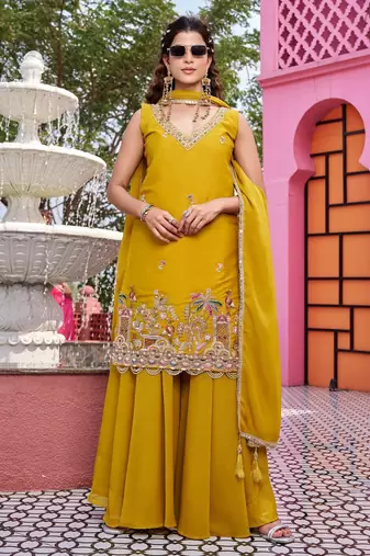 mustard pure star georgette kurta set with bead embroidery